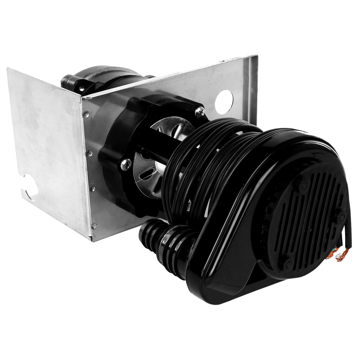 A black Empura water pump or compressor unit is mounted on a metallic bracket. The device features cylindrical components, wiring, and a ribbed outer casing, with ventilation grilles and fittings—ideal for Empura ice machine parts or water pump replacement.
