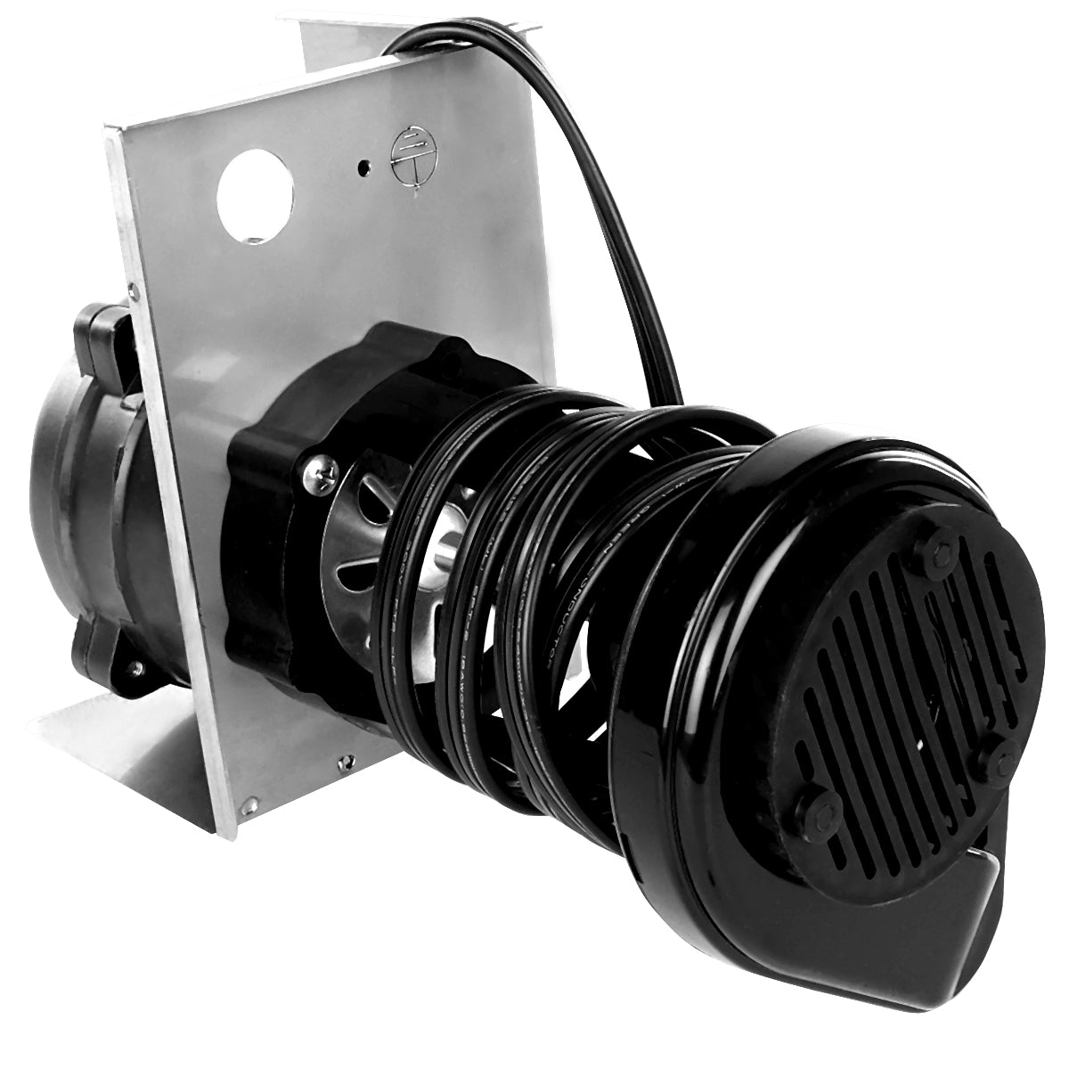Black and silver industrial electric motor assembly, ideal for water pump applications or Empura Ice Machines, mounted on a metal bracket. Features include vented housing, cylindrical components, coiled black wire, and a power cord.