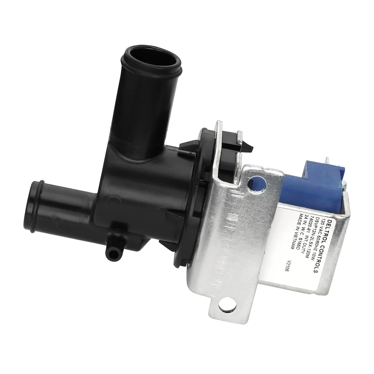 A black plastic automotive vacuum control solenoid valve with two hose connections, mounted on a silver metal bracket with holes for mounting, and a blue plastic connector—similar in function to Empura ice machine parts like the Empura water outlet valve.