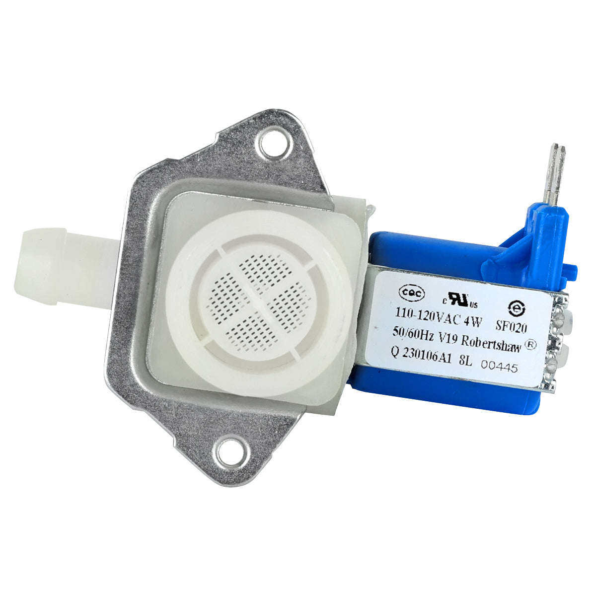 A water inlet valve for Empura Ice Machines, featuring a metal mounting bracket, white round plastic housing with mesh screen, and a blue coil with terminals. The white label displays technical specs and approval marks—ideal among genuine Empura Parts.