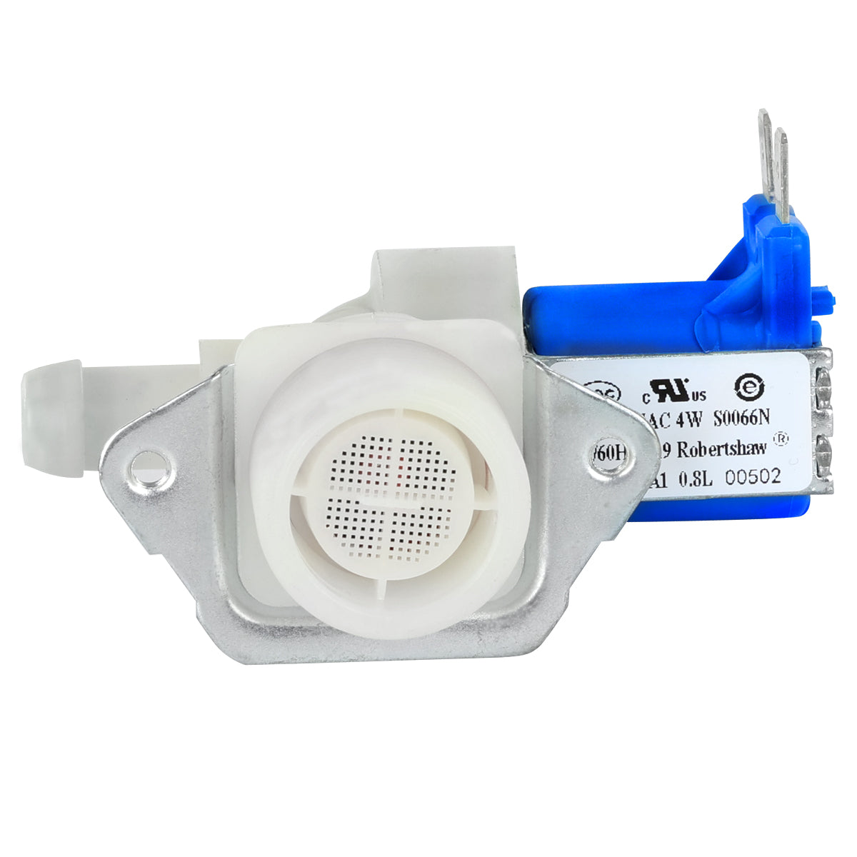 Close-up of a water inlet valve for Empura ice machines, featuring a blue and silver coil, white plastic connector with fine mesh filter, and metal mounting bracket. Electrical connectors and Empura Parts product labels are visible on the right.