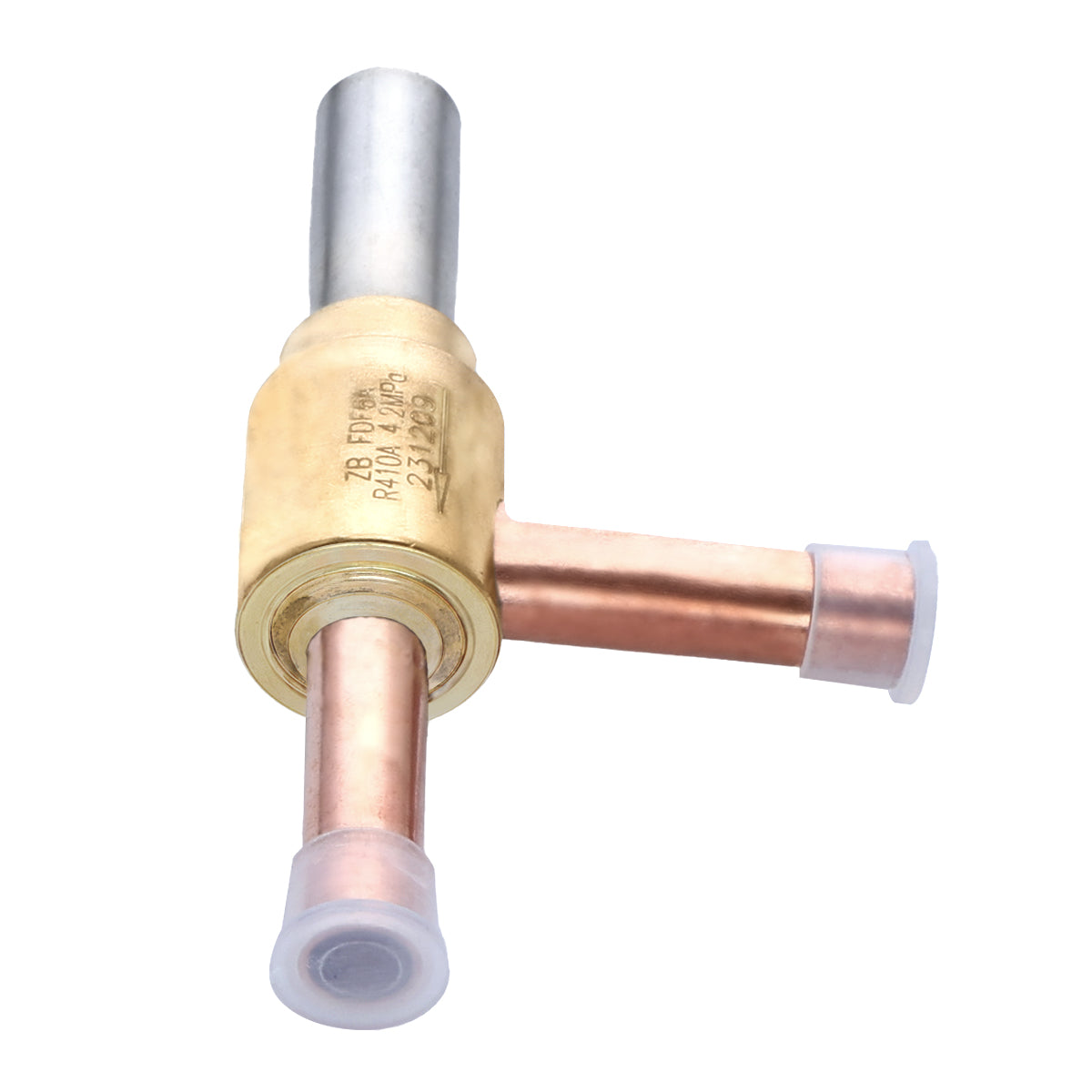 A brass and copper refrigeration check valve with three cylindrical pipe connections, each capped with translucent plastic covers. The valve body, engraved with technical markings, is ideal for use in Empura Ice Machines. The background is plain white.