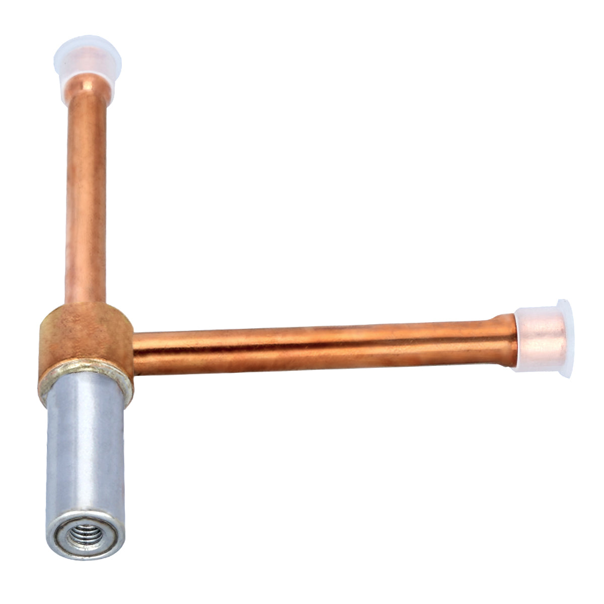 A metal plumbing T-connector, like those in Empura Ice Machines, features three polished copper pipes joined perpendicularly. Each end is capped with a silver or white fitting, and the horizontal pipe includes a threaded opening at one end.
