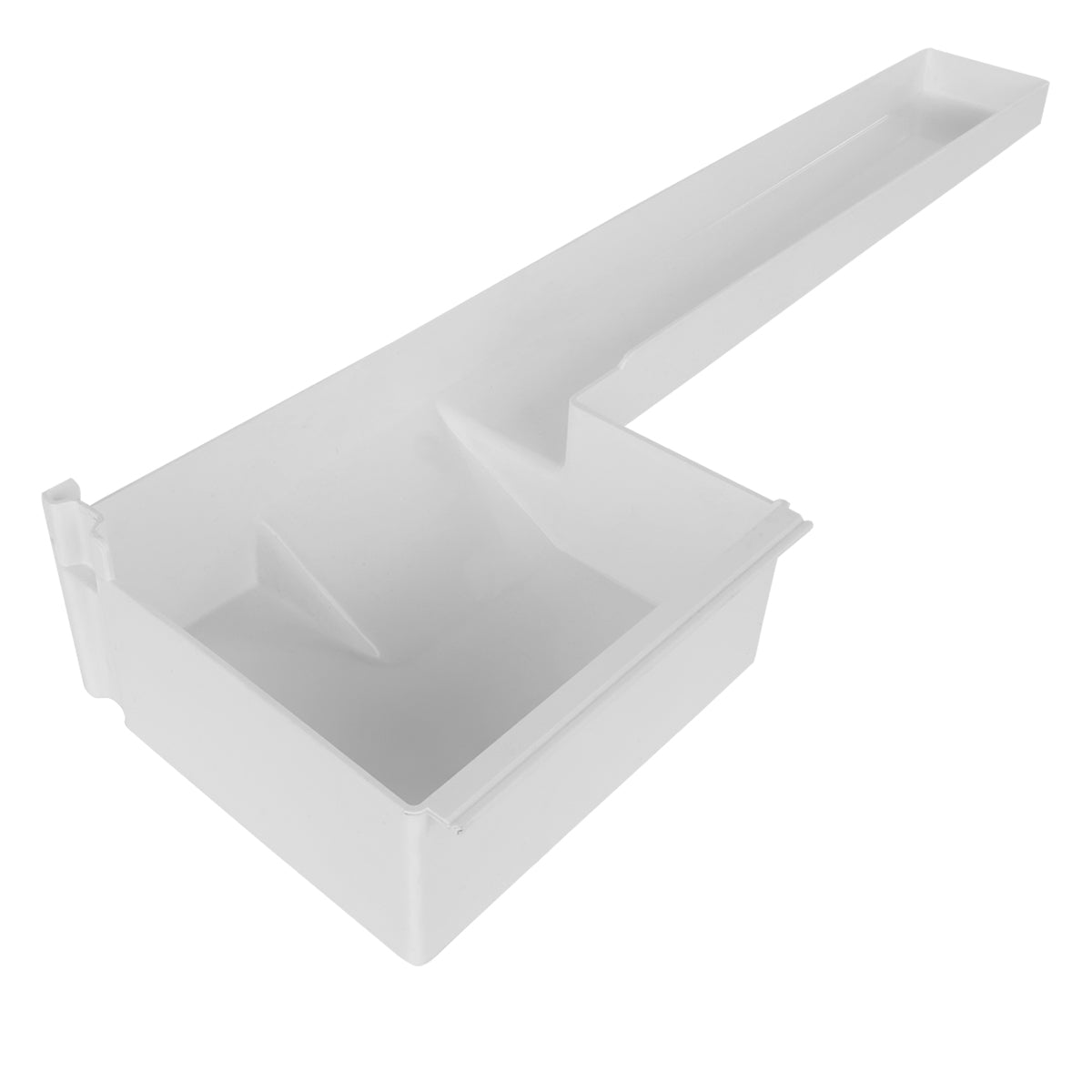 A white plastic rectangular container with a deep basin, resembling a sink, features an attached long, narrow spout. Its angular, functional design with smooth surfaces and clean edges is ideal for dispensing liquids or granular materials, compatible with Empura Parts.