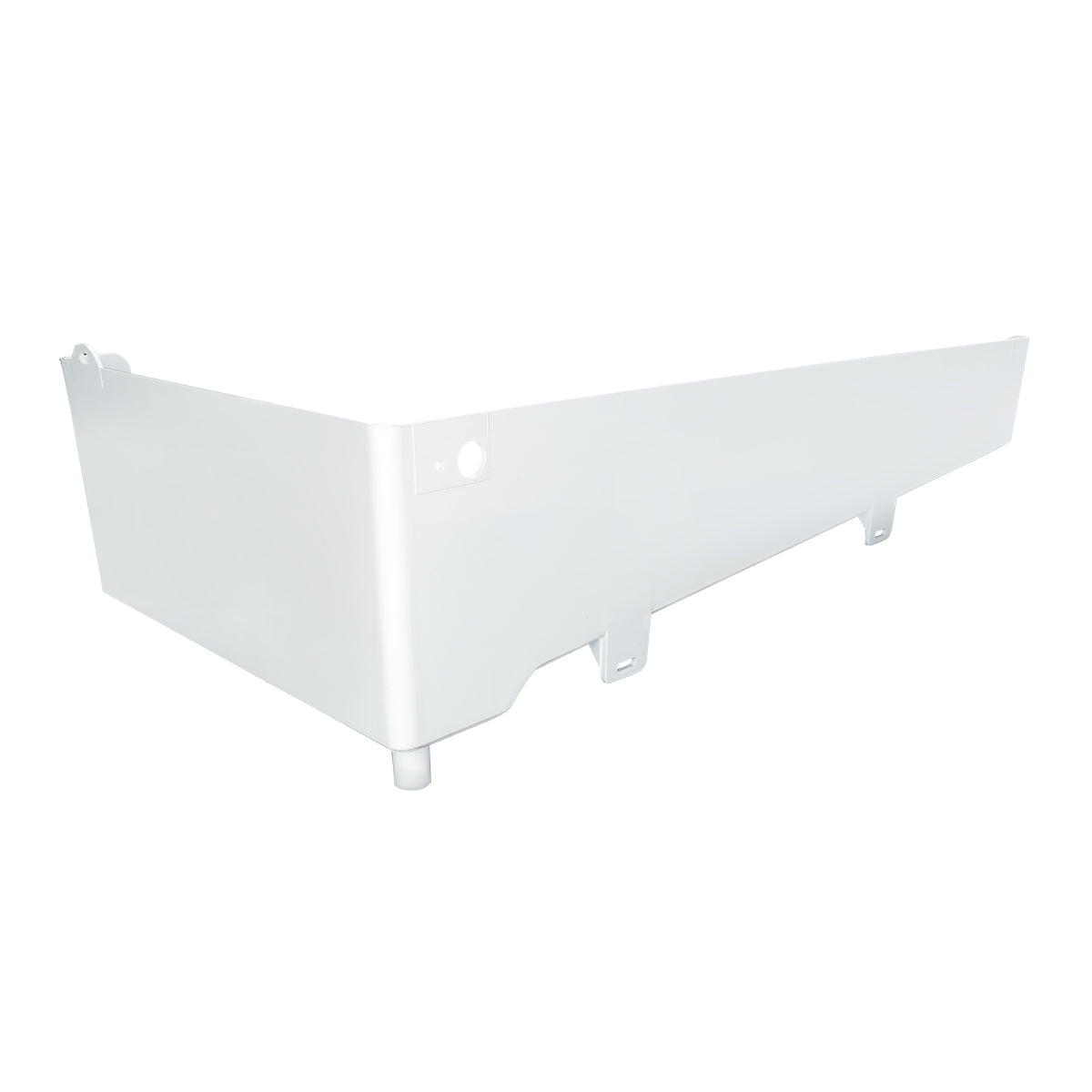 A plain, white, metal corner guard bracket with a smooth finish. Featuring multiple mounting tabs and a rounded corner, it is likely designed for installation in a support role on equipment or furniture and is sink compatible with select Empura Parts. White background.