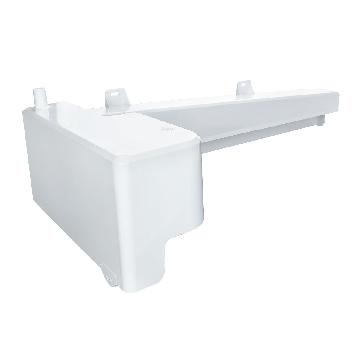A white, rectangular plastic container with an extended, narrow arm and two mounting tabs on top. Featuring a rounded edge and a small cylindrical spout, it is a water reservoir compatible with Empura Ice Machines and Empura Parts.