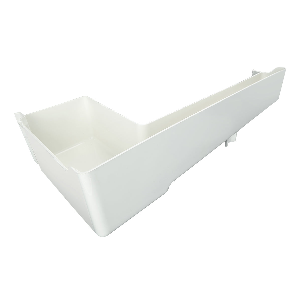 A white, rectangular plastic container with a deep section on one end and a long, sloped, shallow section extending from it. With smooth sides and a minimalist design, its ideal for storage or organizing Empura Parts or Sink accessories.