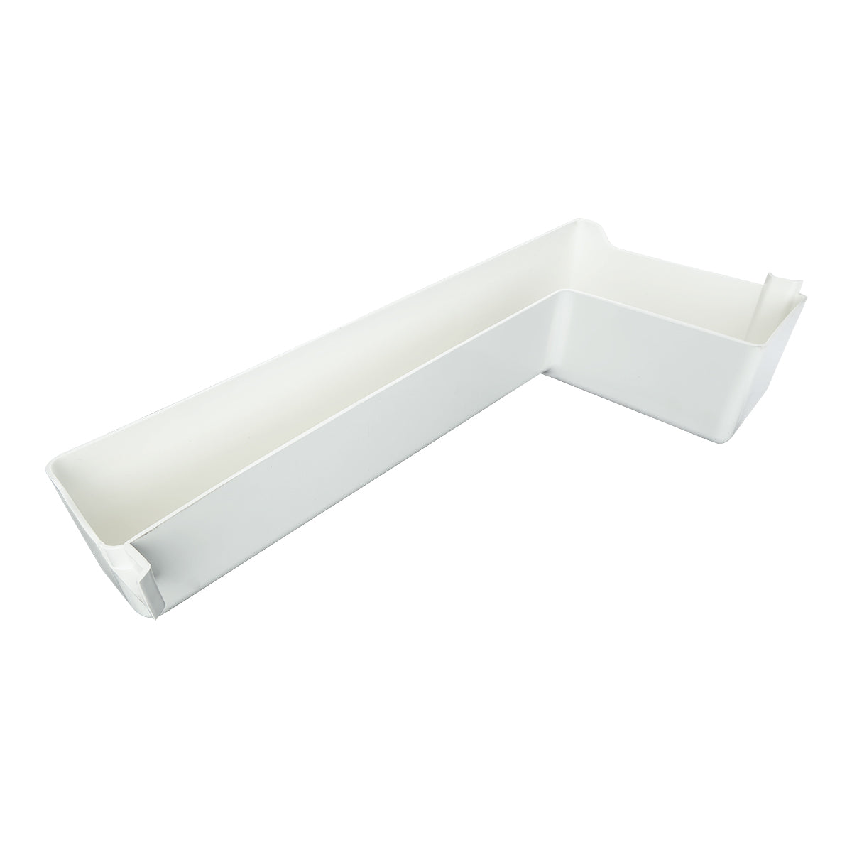 A white, L-shaped plastic tray with high sides and smooth edges, designed for organizing items near a sink or in tight spaces. The tray features a sharp 90-degree bend creating two sections, ideal for use alongside Empura Ice Machines or Empura Parts.