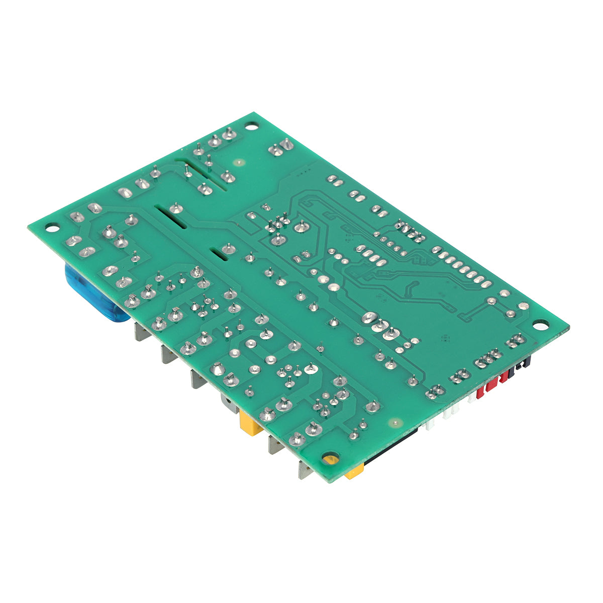 A green control board PCB, commonly found in Empura Ice Machines, is viewed from the underside, revealing silver solder points, electronic traces, and a few components along the edges. The board rests on a white surface.