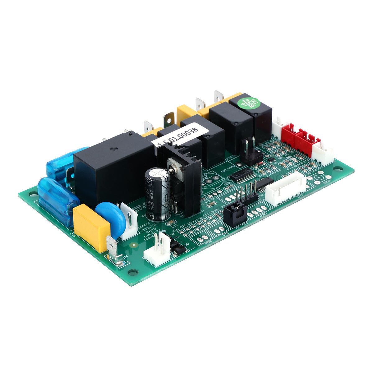A green electronic circuit board featuring various components, including black relays, capacitors, connectors, and multiple terminal connectors, designed as an Empura control board for Empura Ice Machines. The board is isolated on a white background.