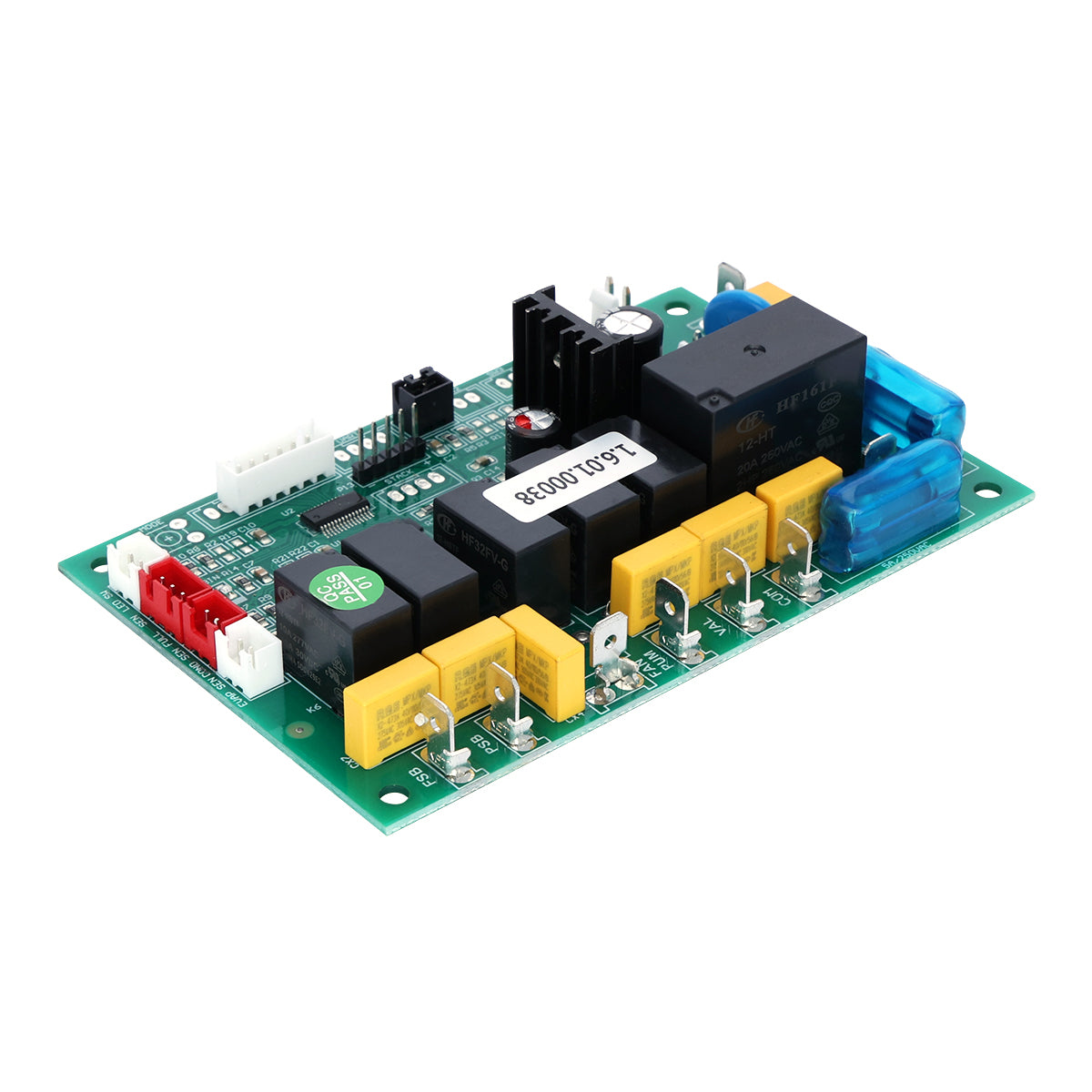 A green Empura control board with various electronic components—yellow relays, blue fuse, black heatsink, connectors, and chips—is photographed at an angle on a white background. Ideal as a replacement part for Empura Ice Machines.