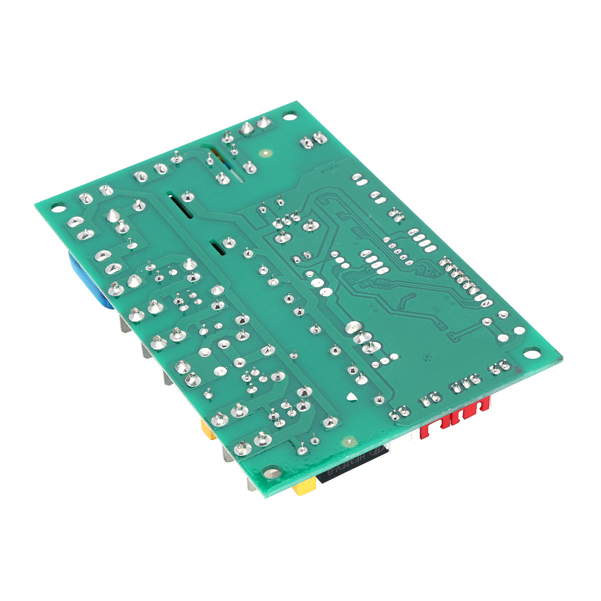 A green printed circuit board (PCB) with visible solder points and traces, often used as an Empura control board. Several electronic components are mounted underneath, making it ideal for Empura Ice Machines replacement parts.