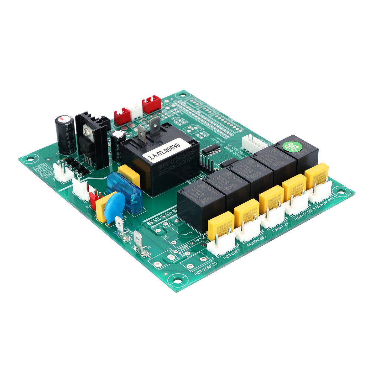 A green electronic circuit board, likely used for Empura ice machines, features several black relays with yellow tabs, connectors, capacitors, a transformer labeled “15.0.0.050.3,” and other components. The Empura control board is shown angled on a white background.
