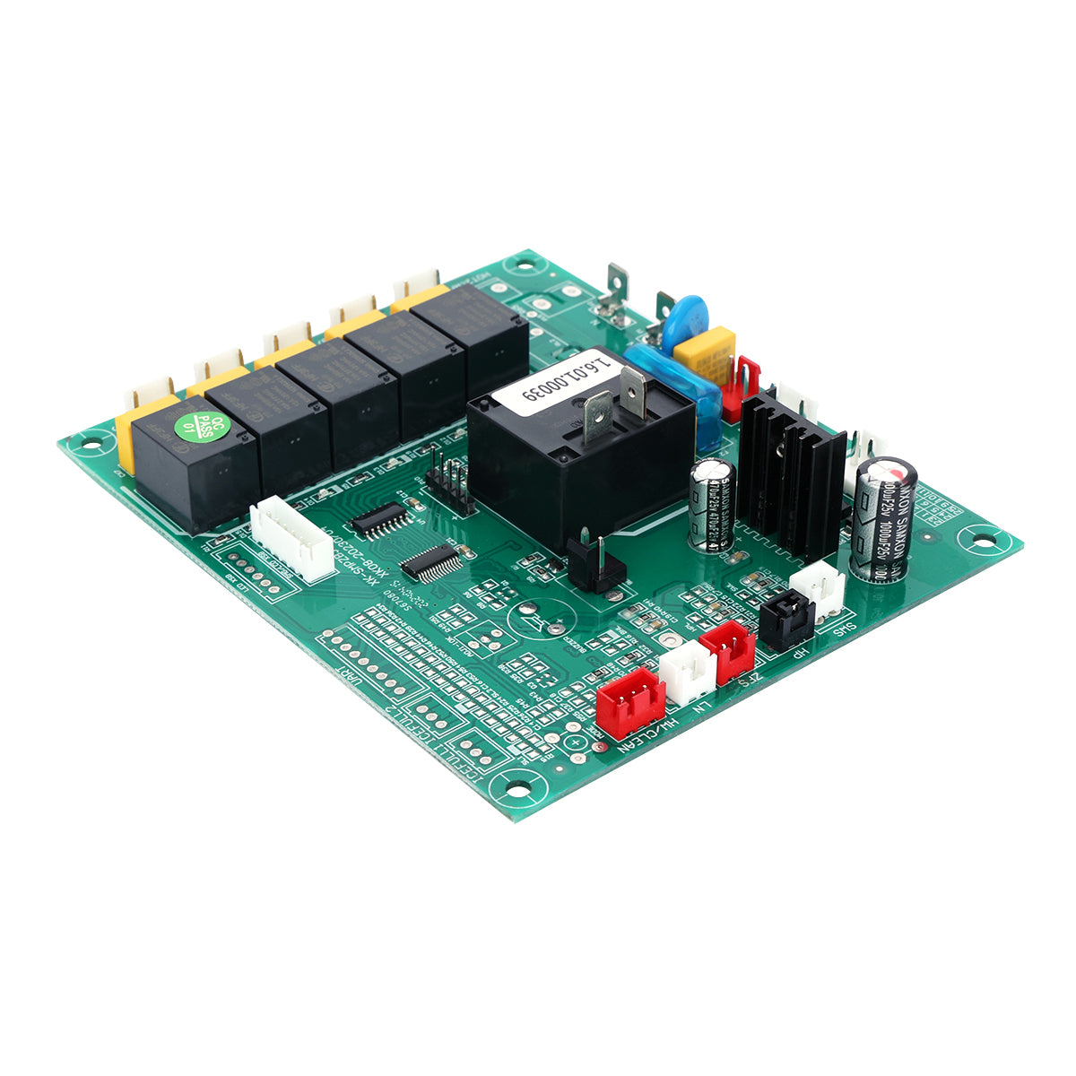 A green electronic circuit board with black relays, a large black transformer, capacitors, heat sink, and various connectors—ideal as an Empura control board for Empura ice machines or as a control board replacement. Features chips, resistors, and colorful components.