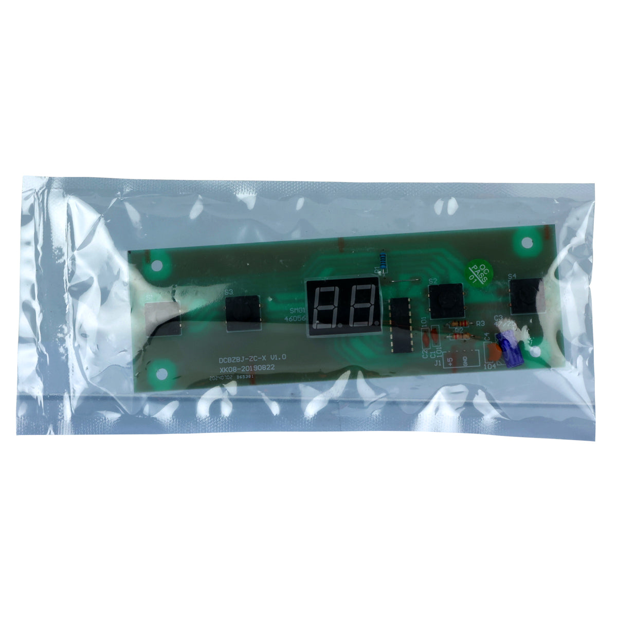 A small green electronic circuit board with a two-digit LED display, designed for Empura Ice Machines (E-UCF120), and black components, sealed inside a clear anti-static plastic bag, photographed on a white background.