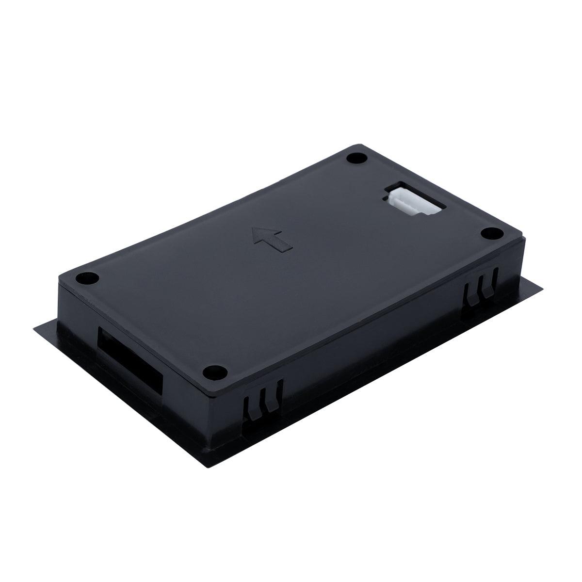 A black rectangular plastic electronic enclosure, possibly an Empura Parts display for Empura Ice Machines, features an arrow symbol on top, ventilation slits on the sides, and a slot with a visible white connector at one end.