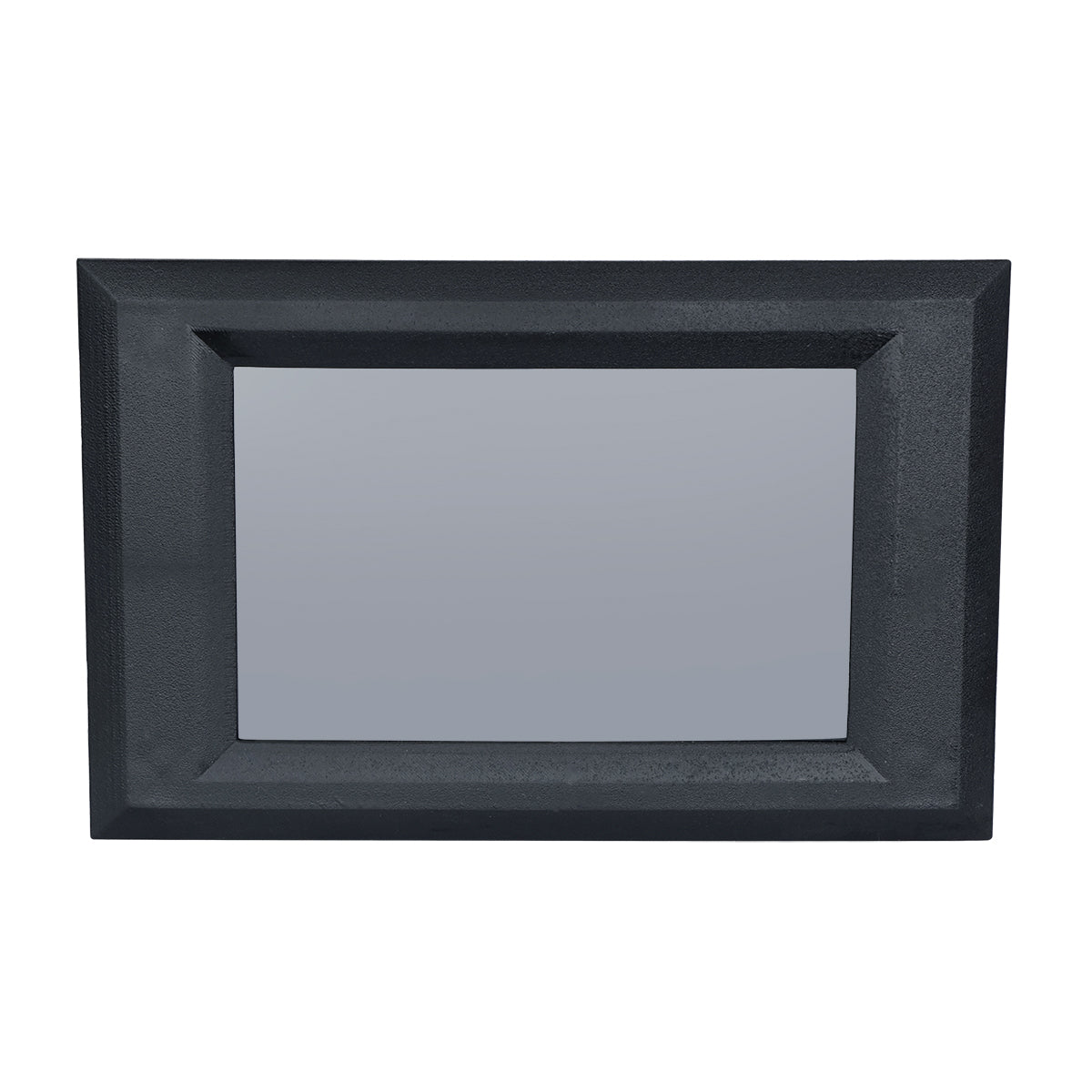 A rectangular wall mirror with a wide, textured black frame offers a simple, modern display. The mirror is centered and reflects a neutral gray surface, making it suitable for contemporary interiors—ideal alongside Empura Ice Machines or Empura Parts.