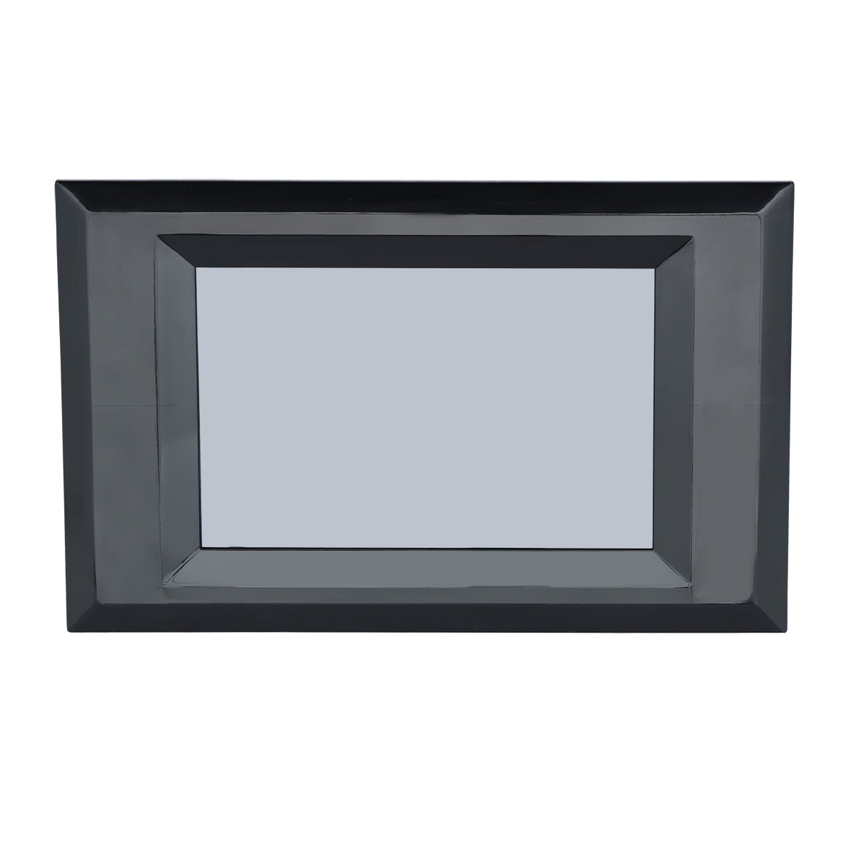 A rectangular display mirror with a wide, glossy black frame and reflective glass center. The beveled edges give it a modern and sleek appearance, making it perfect for showcasing Empura Parts. The background is plain white.
