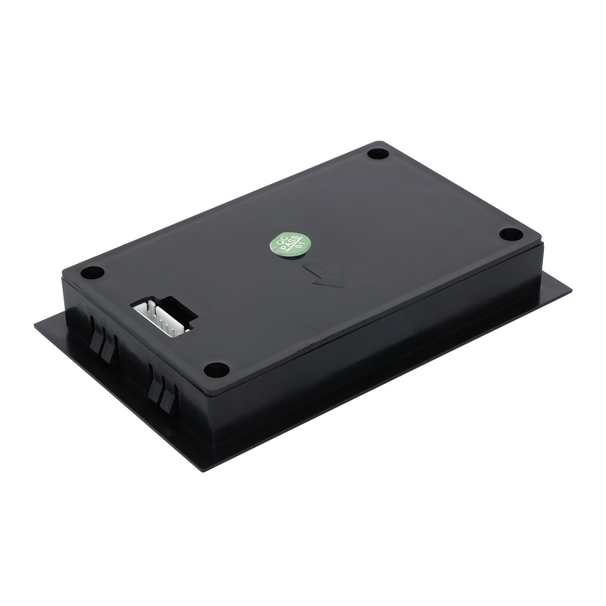 A rectangular black plastic electronic component compatible with Empura Ice Machines, featuring a flat top, four screw holes, ridged edges, a sticker label, and an arrow embossed on the surface pointing toward the Display connector.
