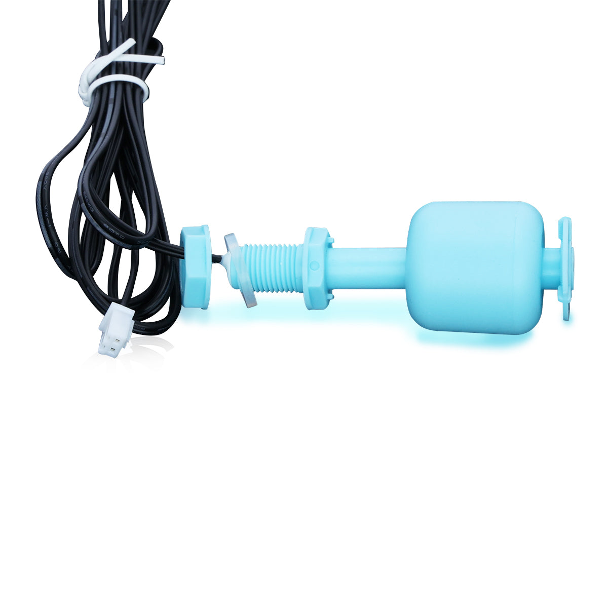 A blue plastic float sensor, designed as an electronic water level sensor with a threaded mounting section and long black cable with white connector, ideal for applications like Empura ice machines, shown on a white background.
