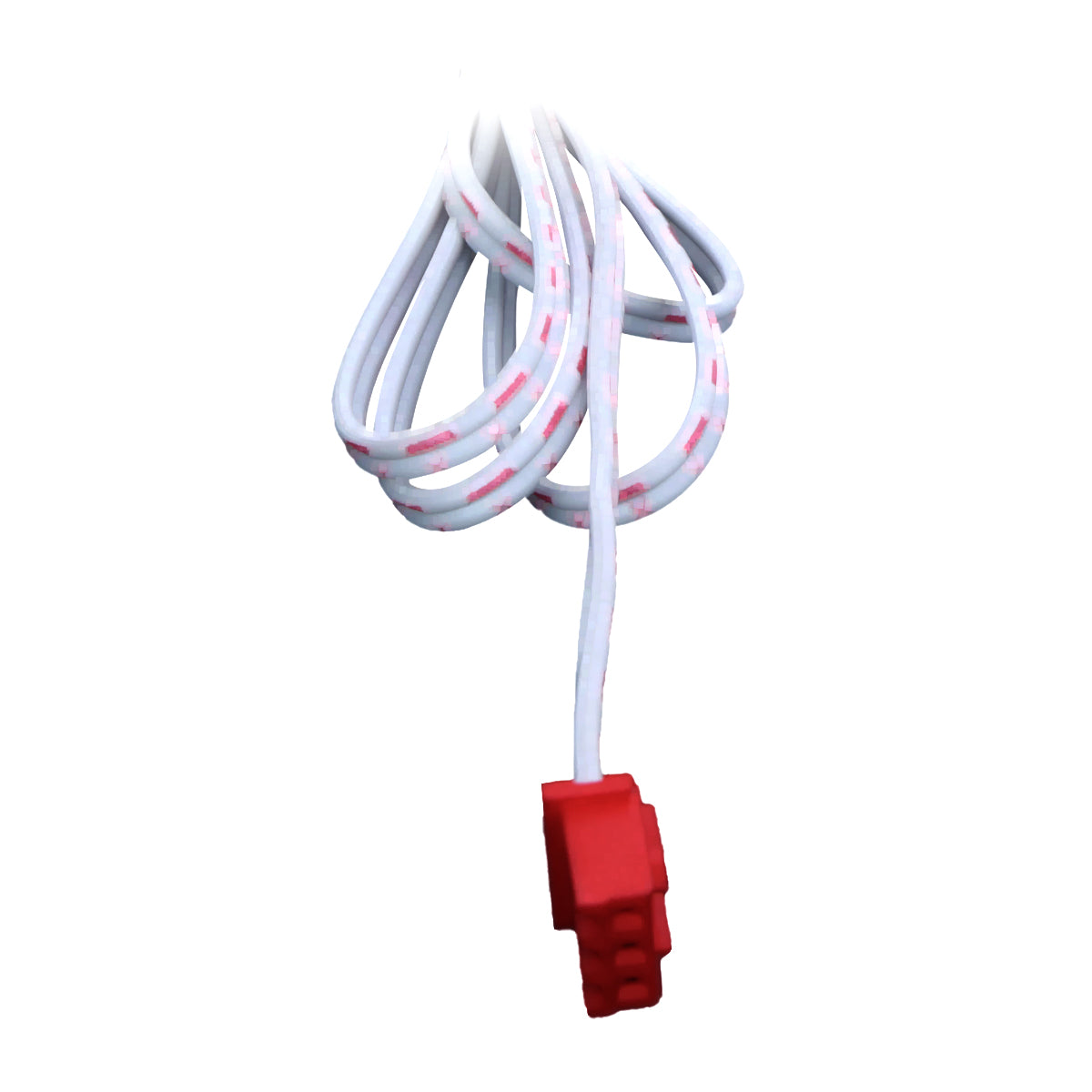 A white electrical cord with pink stripes is loosely coiled. One end features a red, three-prong plug. The cord is ETL compatible, making it ideal for use with Empura Ice Machines. The plain white background highlights the cord and plug.
