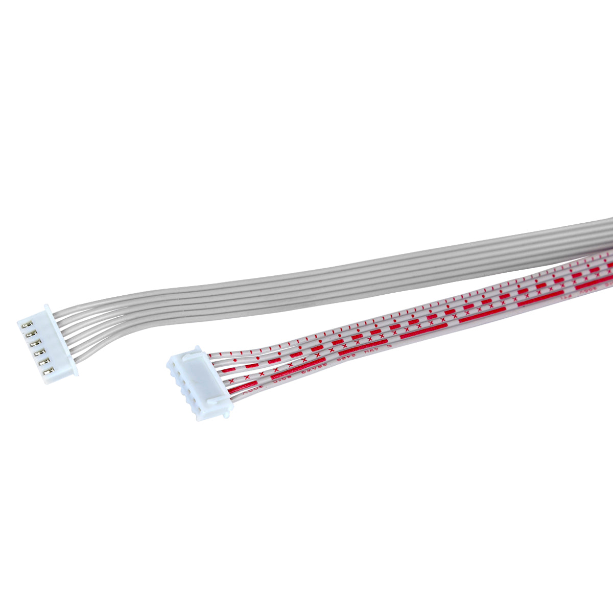 A flat ribbon cable with six thin, gray wires connected to white plastic connectors at each end. Some wires are marked with red stripes and numbering for identification. Commonly used as a Flat Ribbon Cable replacement in Empura Ice Machines.