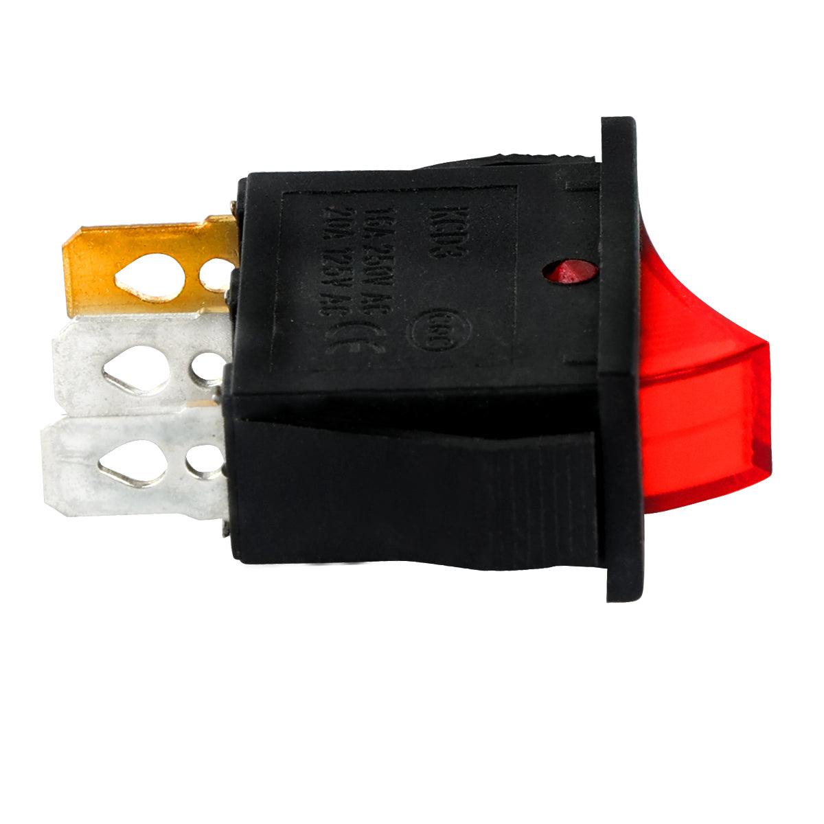 A close-up side view of a black plastic machine switch, commonly used in Empura Ice Machines like the E-UCF120, featuring a red translucent actuator. The switch has three metal prongs—one gold-colored and two silver—against a plain white background.