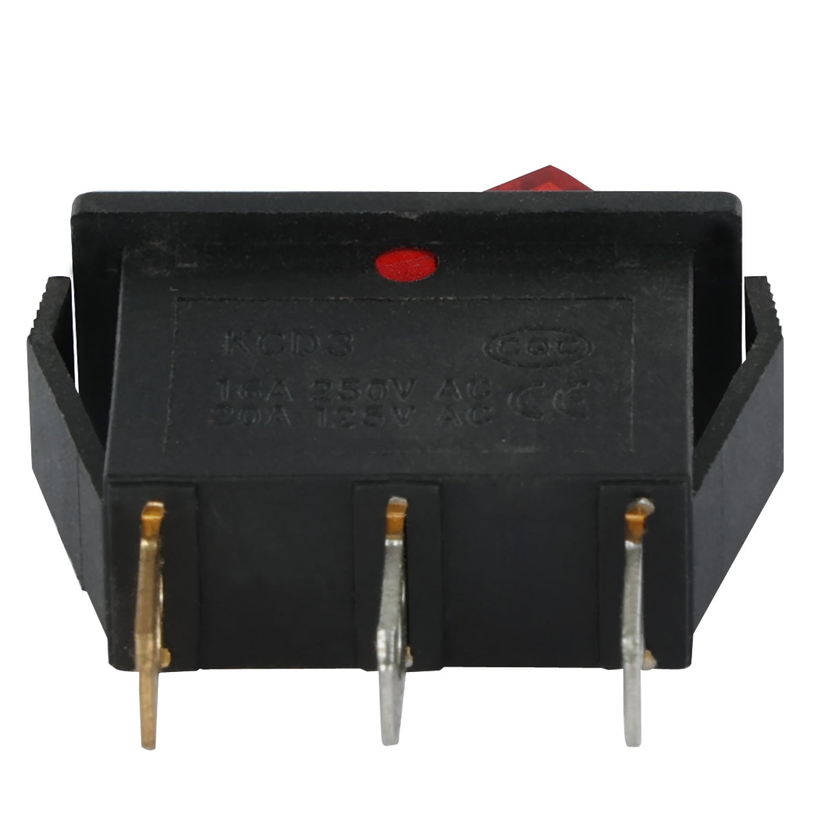 Close-up of a black rectangular rocker machine switch, often used in Empura Ice Machines like the E-UCF120, with three metal terminals below. The switch is labeled “KCD5 16A 250V AC 20A 125V AC” and features certification marks on the back.