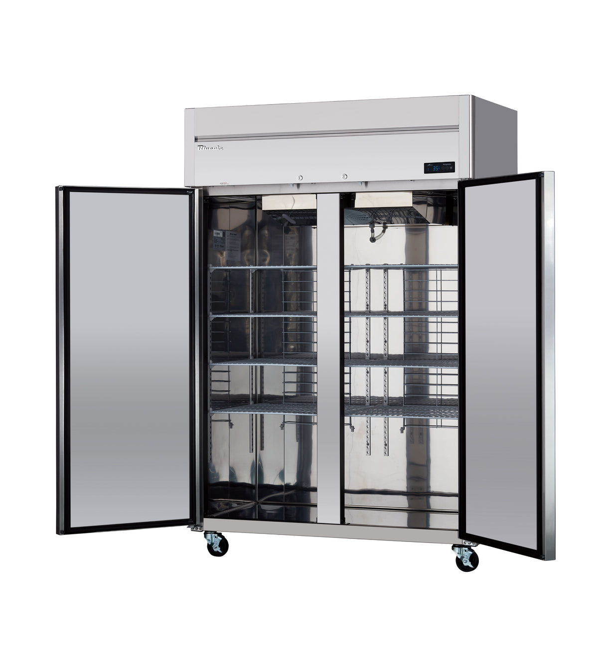 A large two-section stainless steel reach-in refrigerator stands on wheels, both doors open to reveal multiple adjustable wire shelves. The smooth, reflective surface and spacious interior are clearly visible against a plain white background.