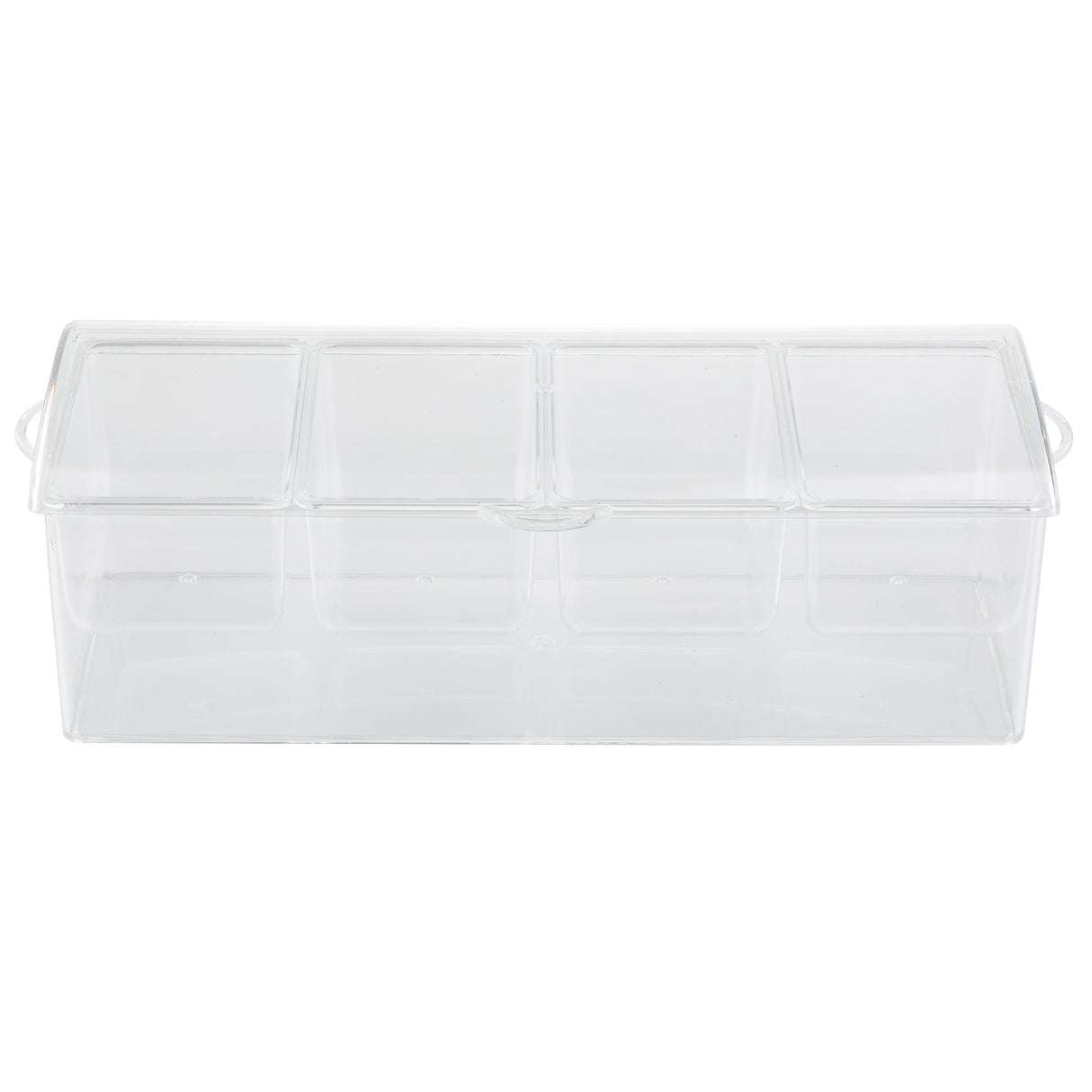 A clear polystyrene storage box with four compartments and a hinged lid. This rectangular, transparent Bar Condiment Holder by TableCraft Products offers a full view of its interior sections, with the lid covering all compartments evenly.