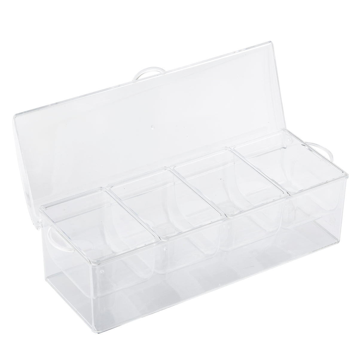 A clear TableCraft bar condiment holder with a hinged lid, divided into five equal compartments. The box features transparent polystyrene inserts and is empty, shown from a slight angle to highlight its dividers and clarity.