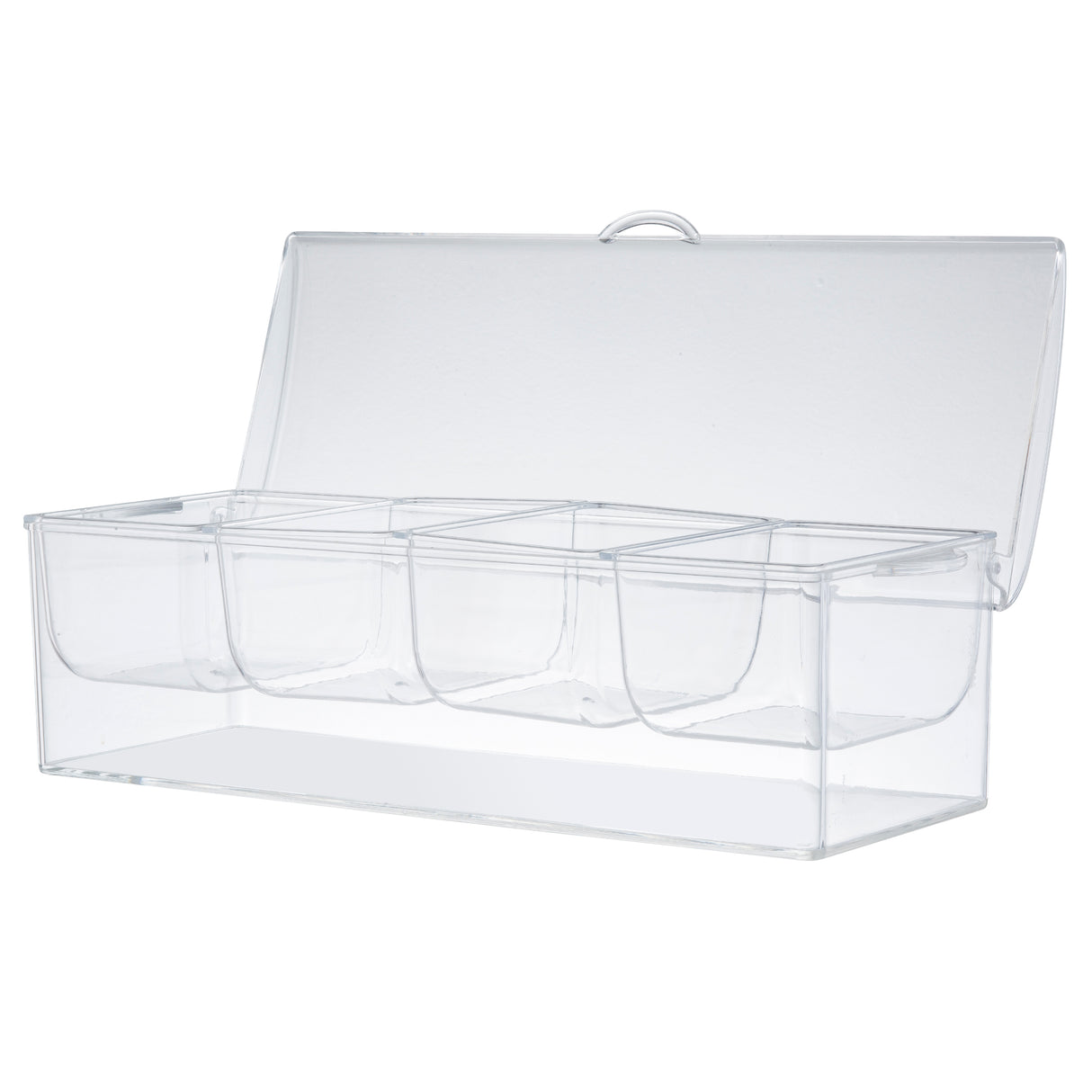A clear TableCraft bar condiment holder with a hinged lid features four separate rectangular compartments and polystyrene inserts. The box is empty and open, showcasing its simple, functional design for organizing small items.