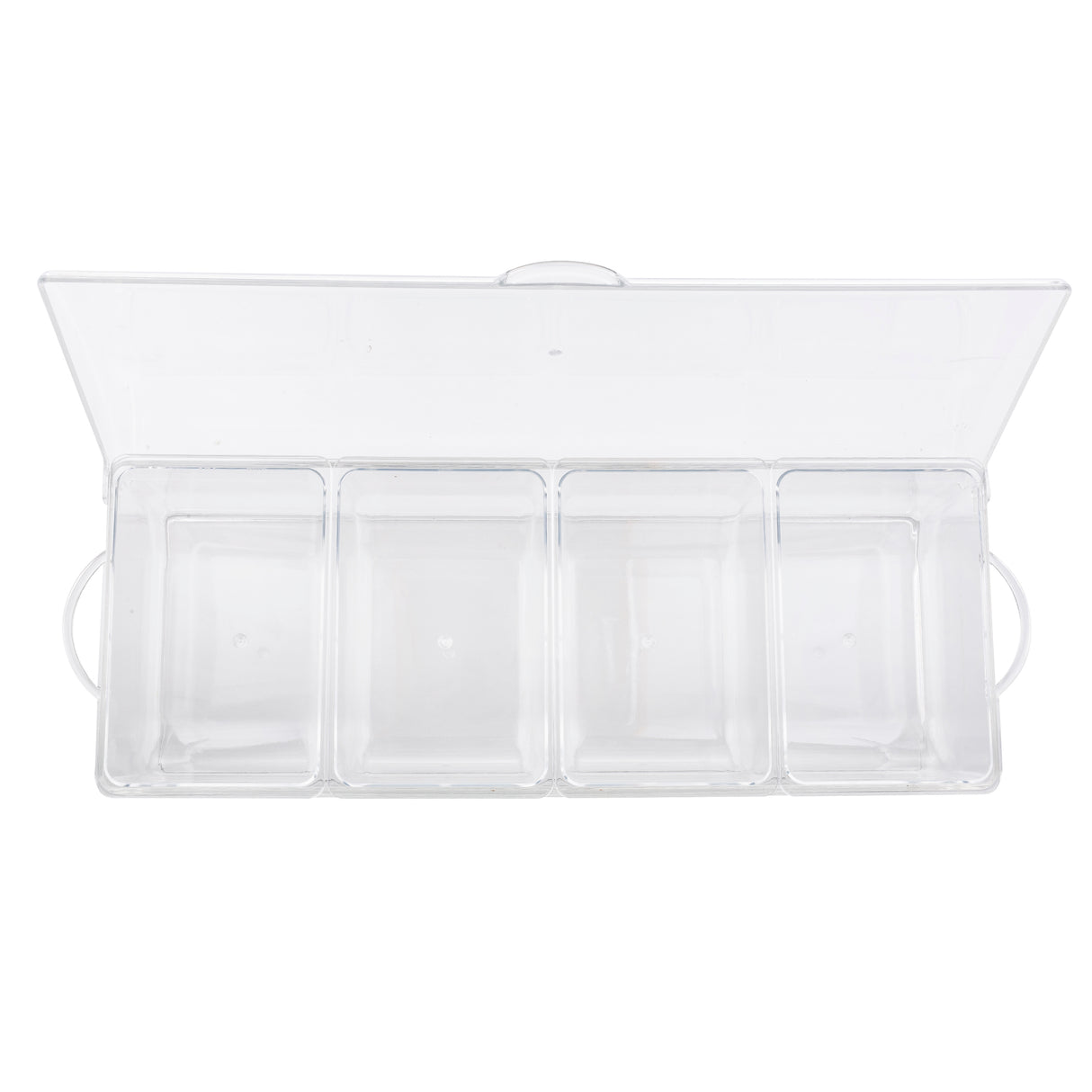 A clear polystyrene bar condiment holder by TableCraft Products with a hinged lid is shown open. Inside, four equally sized rectangular compartments are arranged in a single row. Small handles are on each end, and all compartments are empty.