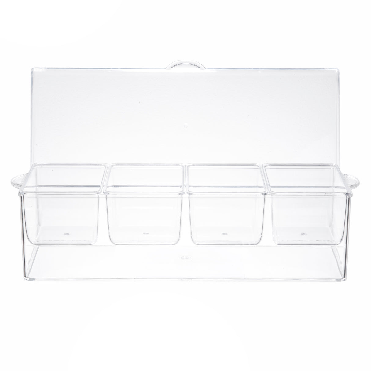 A clear polystyrene container with a hinged lid, divided into four equal square compartments. Often used as a bar condiment holder, it is shown empty and viewed from the front against a white background.