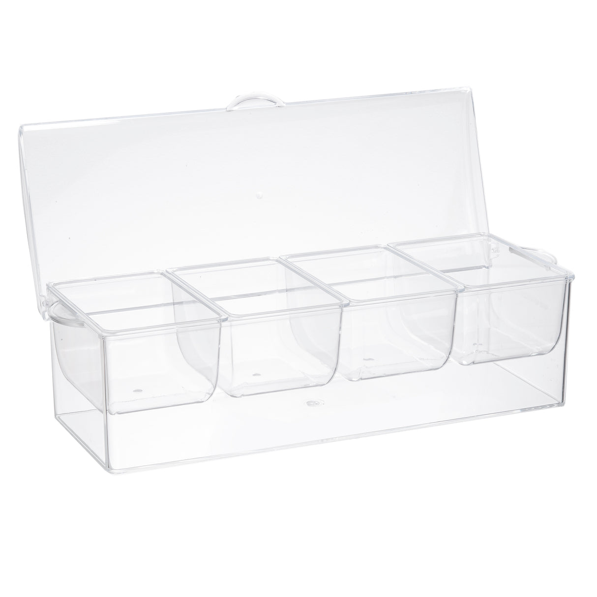 A clear plastic TableCraft bar condiment holder with a hinged lid, featuring five equal-sized rectangular compartments. The box is empty and designed for organizing small items, with smooth, transparent surfaces showing the inside clearly.