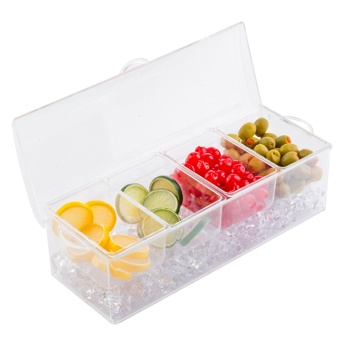 A TableCraft bar condiment holder features five compartments with polystyrene inserts, holding lemon and lime slices, maraschino cherries, green olives, and cocktail onions. Clear plastic ice cubes keep garnishes fresh under an open transparent lid.