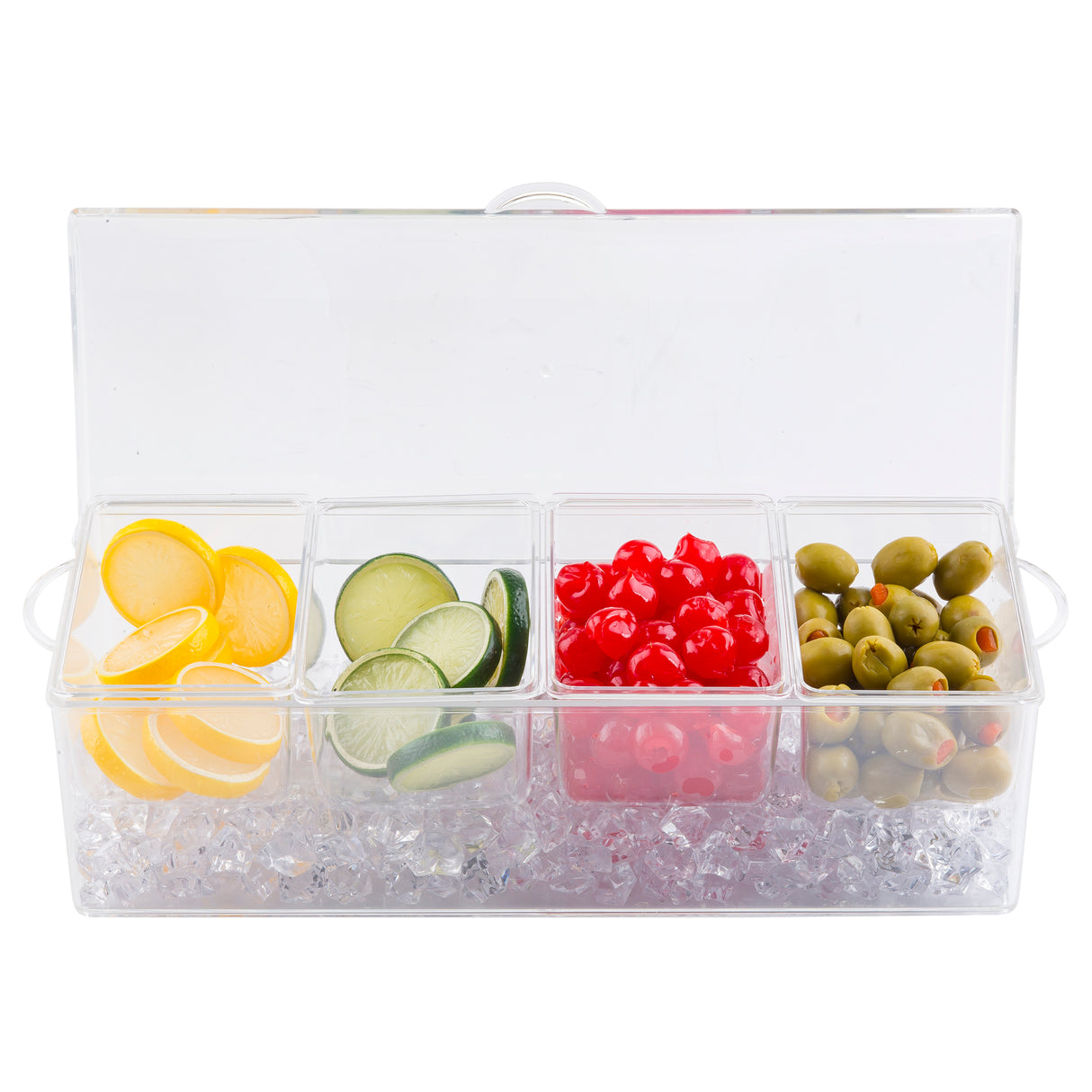 A TableCraft bar condiment holder featuring four compartments with polystyrene inserts, each filled with lemon slices, cucumber slices, red maraschino cherries, and green olives. The clear lid is propped open over ice to keep contents fresh.