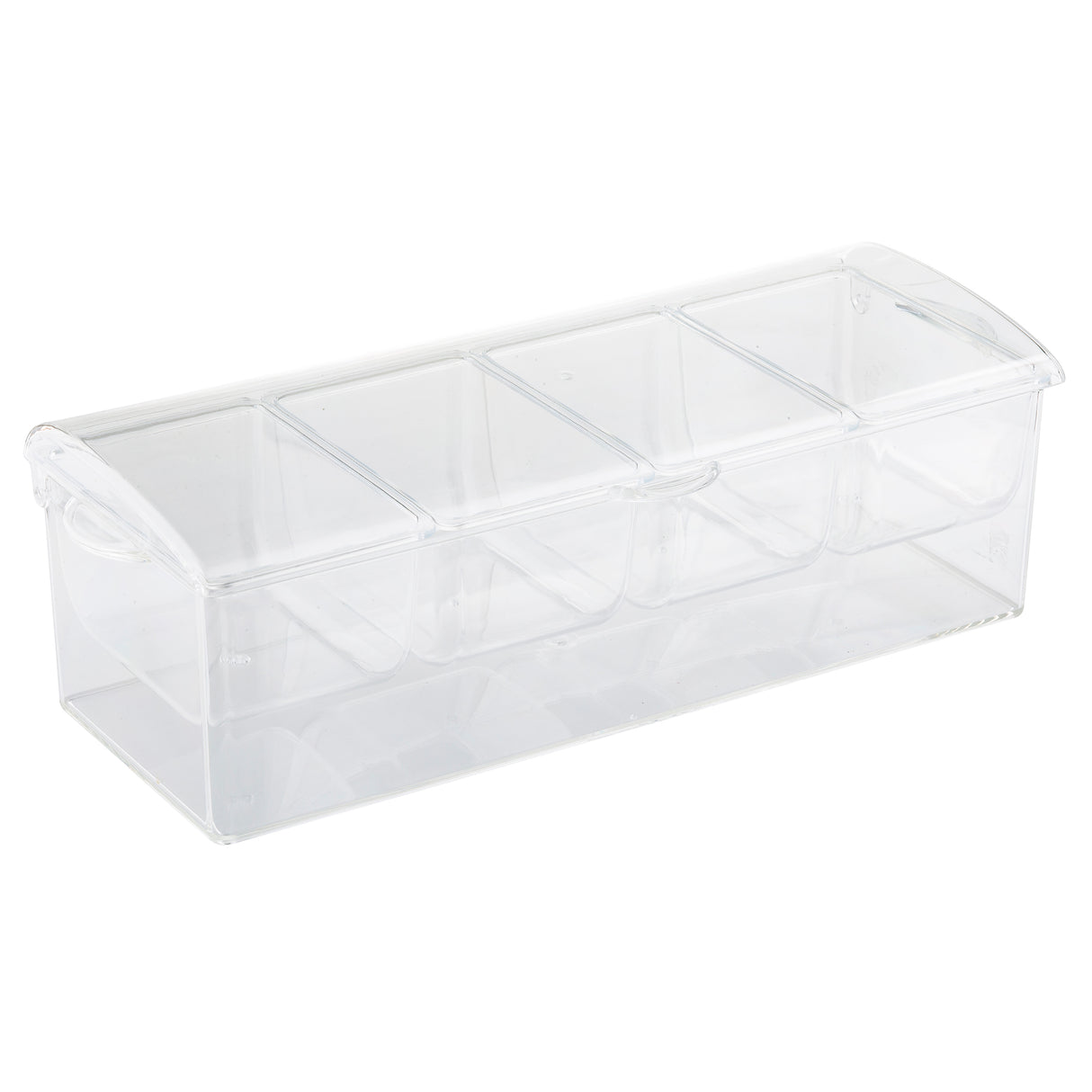 A clear polystyrene Bar Condiment Holder by TableCraft Products, featuring a hinged lid and five separate compartments. This transparent storage container is empty, displaying its divided sections clearly against a white background.