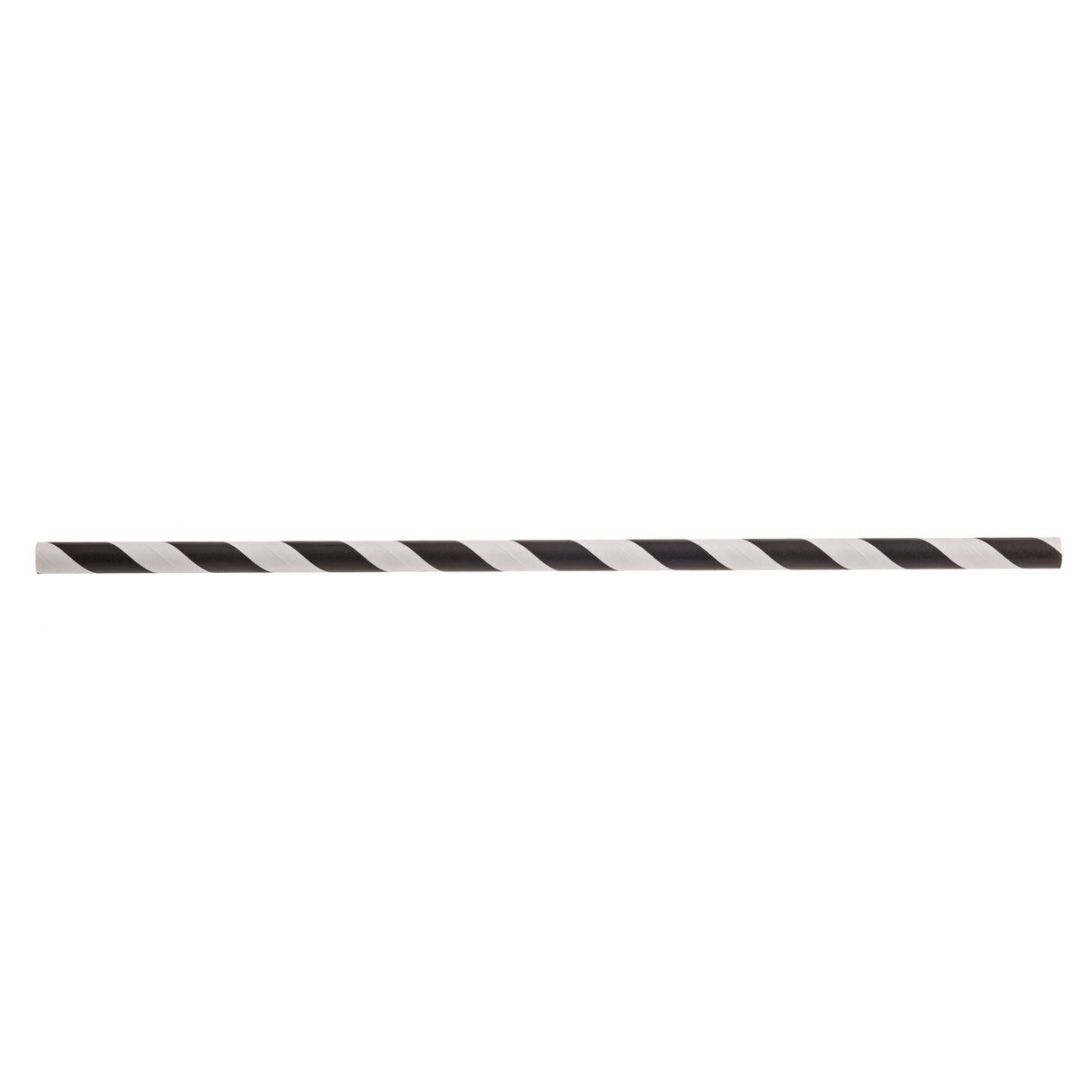 A single black striped paper straw lies horizontally on a white background. The straw features a diagonal spiral pattern alternating between black and white stripes along its entire length—perfect for use as cocktail straws.