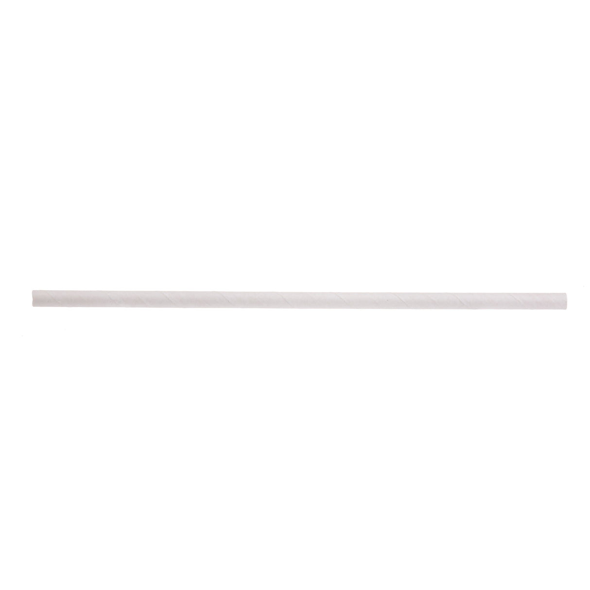A single white paper straw is centered on a plain white background. The straw is straight, cylindrical, and slightly textured, with subtle diagonal lines indicating its spiral construction—a simple example of classic paper straws.