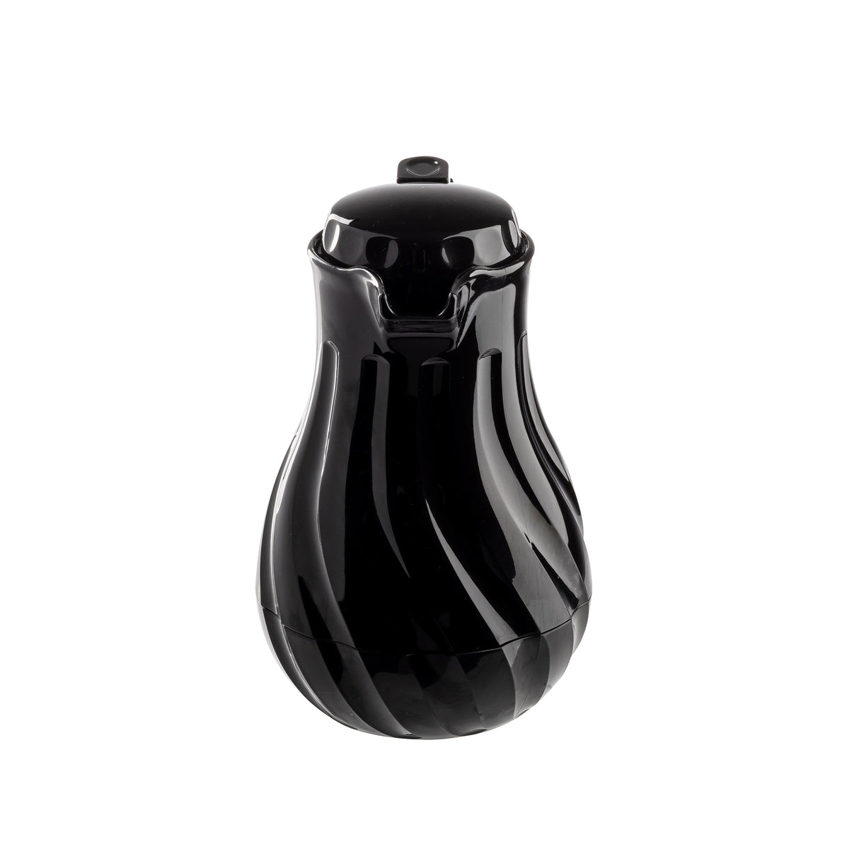 A glossy black coffee decanter with a curved, bulbous shape and swirl pattern features triple wall insulation. It has a spout, a lid with a small handle, and a reflective surface. The background is white.