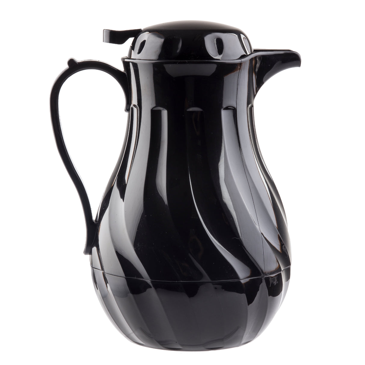 A glossy black 20 oz insulated coffee decanter with a curved handle, spout, and rounded dome lid. The fluted body features wavy lines for decorative texture. This carafe, with triple wall insulation, is photographed against a white background.