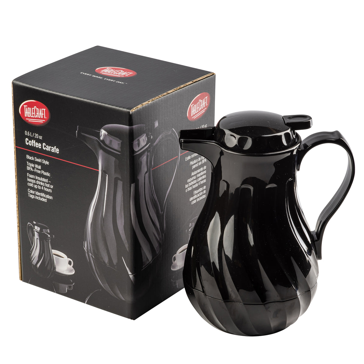 A glossy black coffee decanter with a curved handle and swirl design sits next to its box. The box displays an image of the 20 oz carafe, product details, and features like triple wall insulation in white text on a black background.