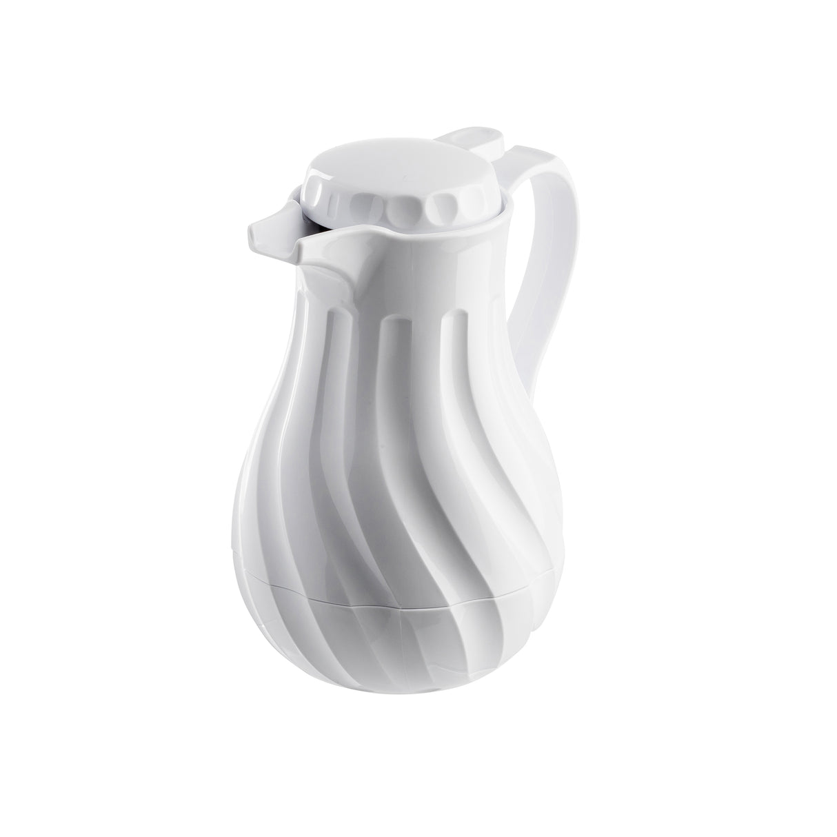 A white, modern TableCraft plastic thermal carafe with a twist-off lid and curved handle. Its triple wall insulation and vertical, spiral ridges create a geometric pattern. The Coffee Decanter stands on a white background with soft shadows.