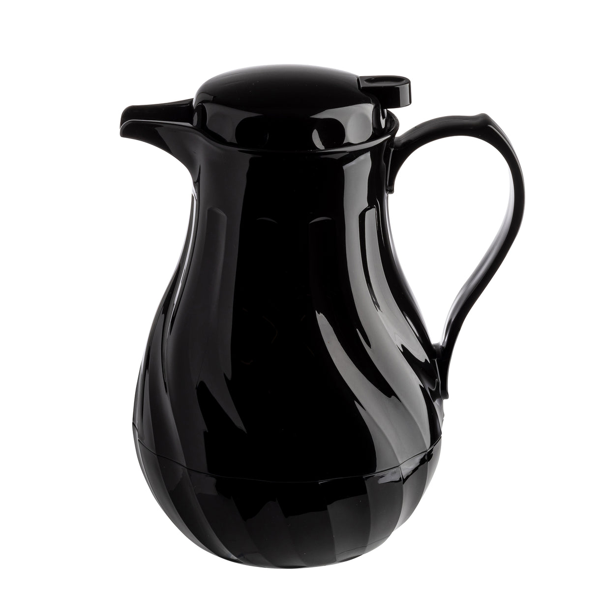 A glossy black coffee decanter with a curved body, triple wall insulation, and a pour spout. The hinged lid is closed. Its smooth, reflective surface stands out against the pure white background, highlighting the carafe’s 64 oz capacity and elegant shine.