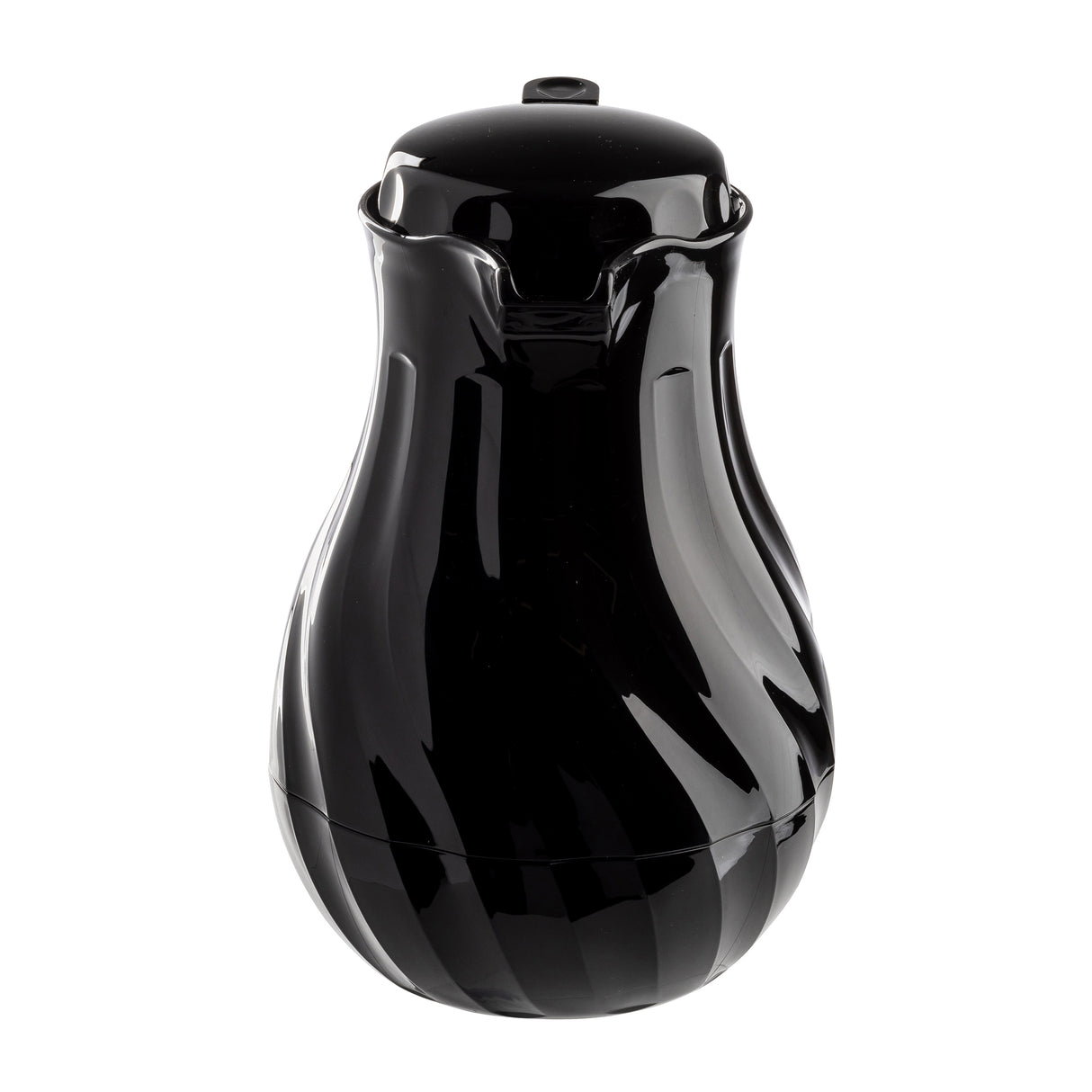 A glossy black coffee decanter with a curvy, swirled design and rounded lid. This 64 oz jug features a smooth, shiny surface, triple wall insulation for lasting heat, and is beautifully photographed against a white background.