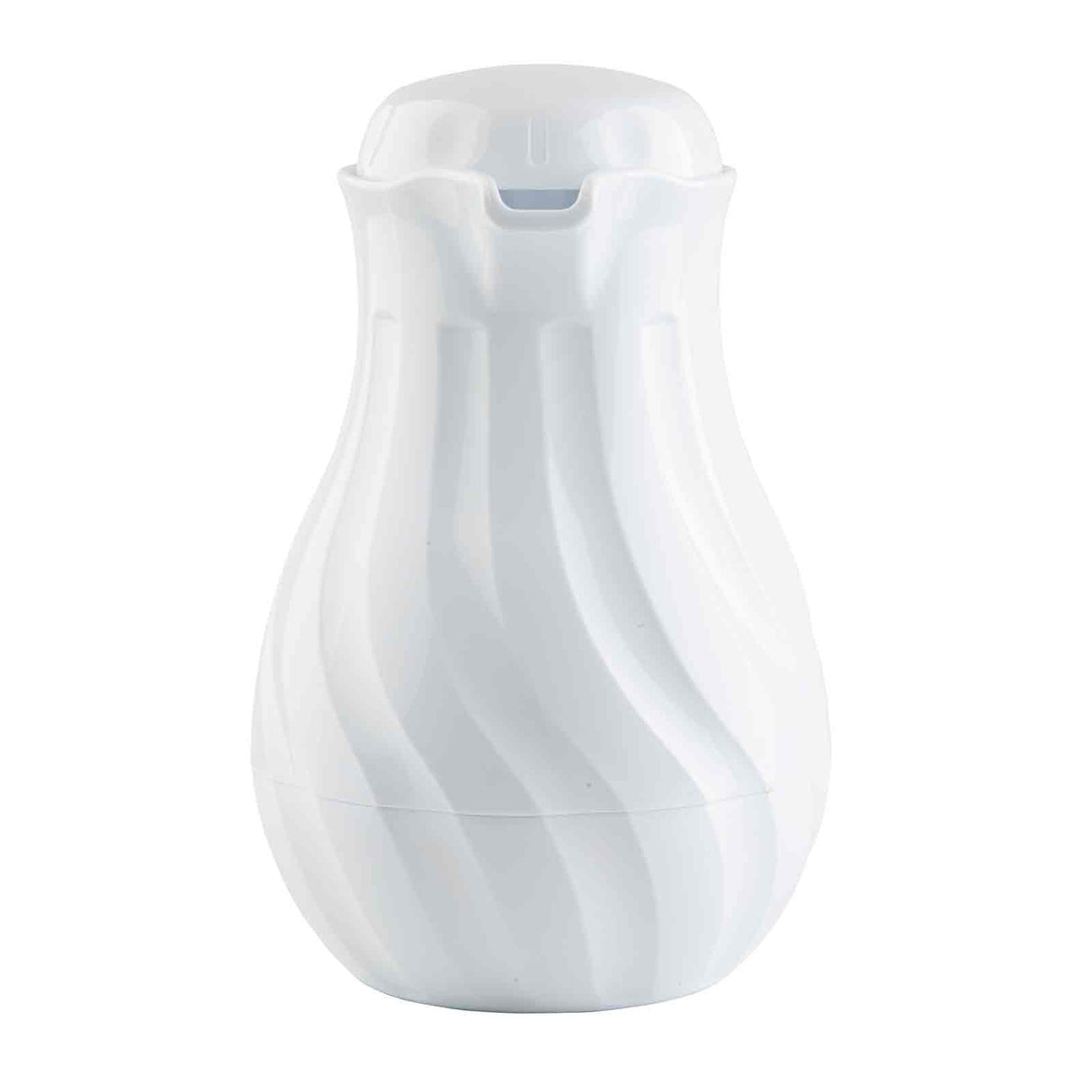 A white, plastic, vase-shaped coffee decanter with a swirl pattern and spout-like opening. The glossy, modern design features triple wall insulation and holds up to 64 oz, making it a stylish and functional household item or storage jar.