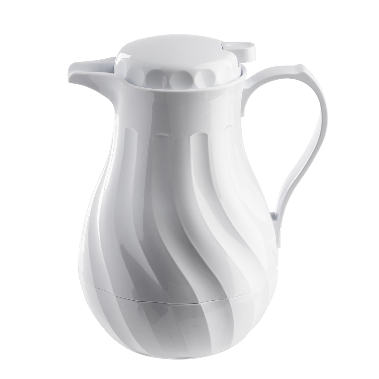 A glossy white plastic coffee decanter with triple wall insulation, featuring a curved ridged design, wide base, narrow spout, and sturdy handle. The 64 oz carafe has a secure fitted lid with a small tab and boasts a modern, elegant appearance.