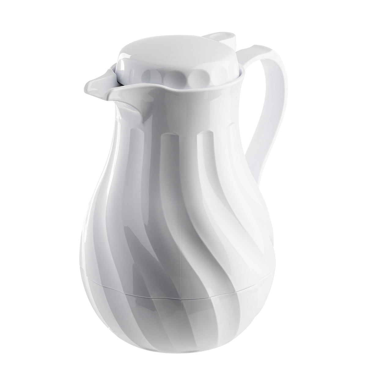 A white, glossy Coffee Decanter with a curved handle and sculpted, swirling pattern. Featuring triple wall insulation, this modern 64 oz thermos has a wide base, narrow neck, and round lid that reflects light elegantly on its smooth surface.