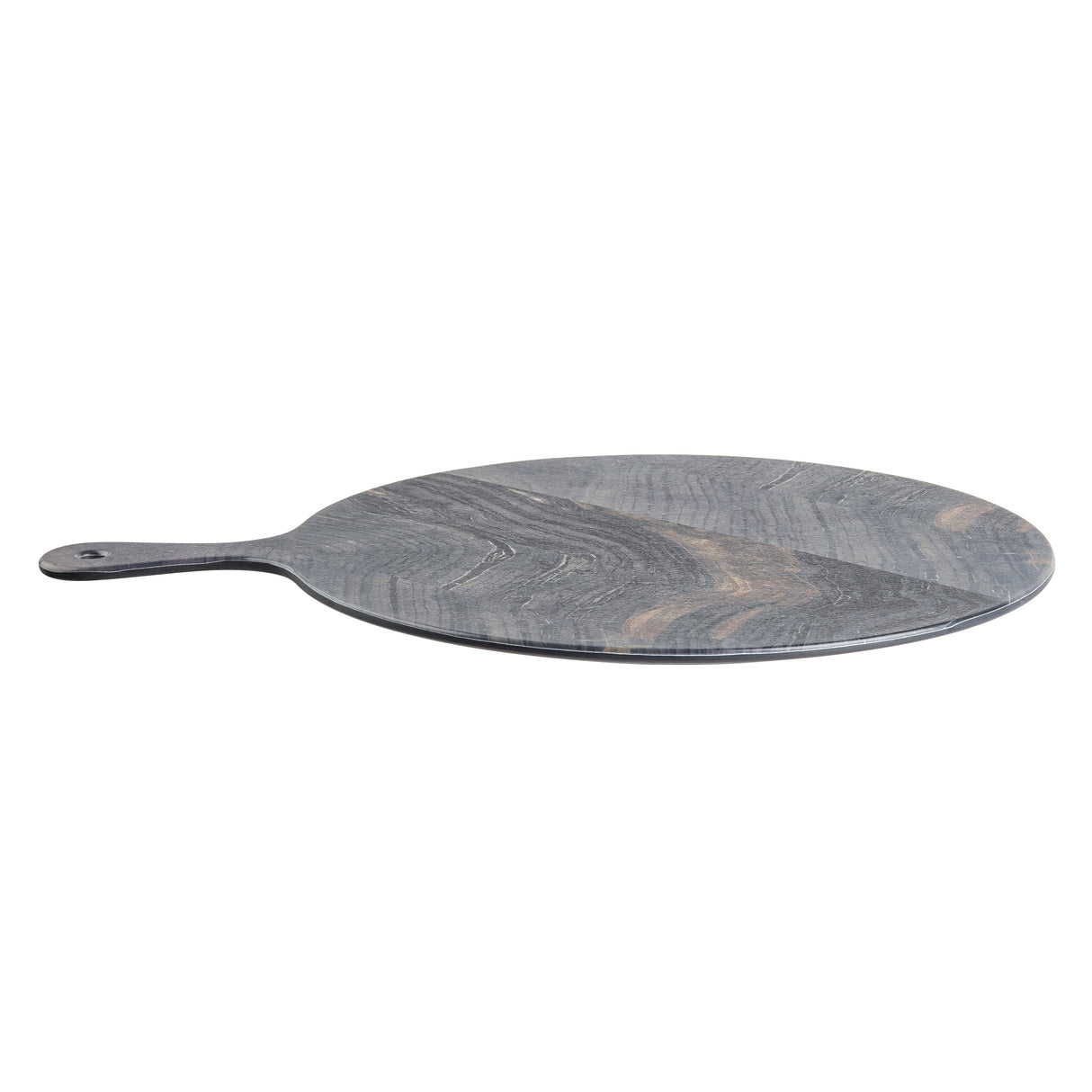 A round, flat serving paddle made of dark, veined stone with a small handle on one side. The smooth, polished surface showcases natural gray and light brown marbled patterns, set against a white background.